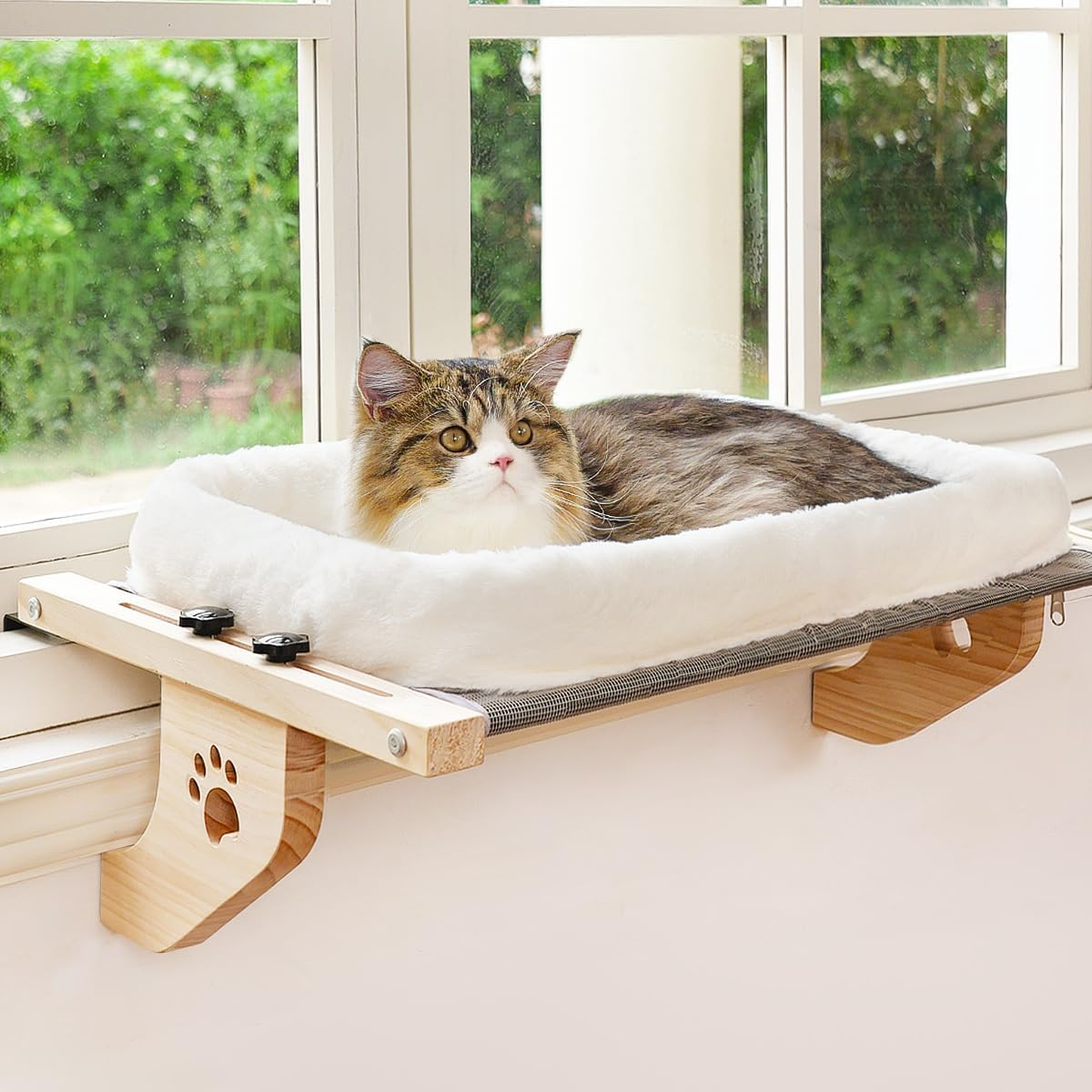 Cat Sill Window Perch Sturdy Hammock Window Seat with Cushion Bed Cover, Wood & Metal Frame for Large Cats, Easy to Adjust Cat Bed for Windowsill