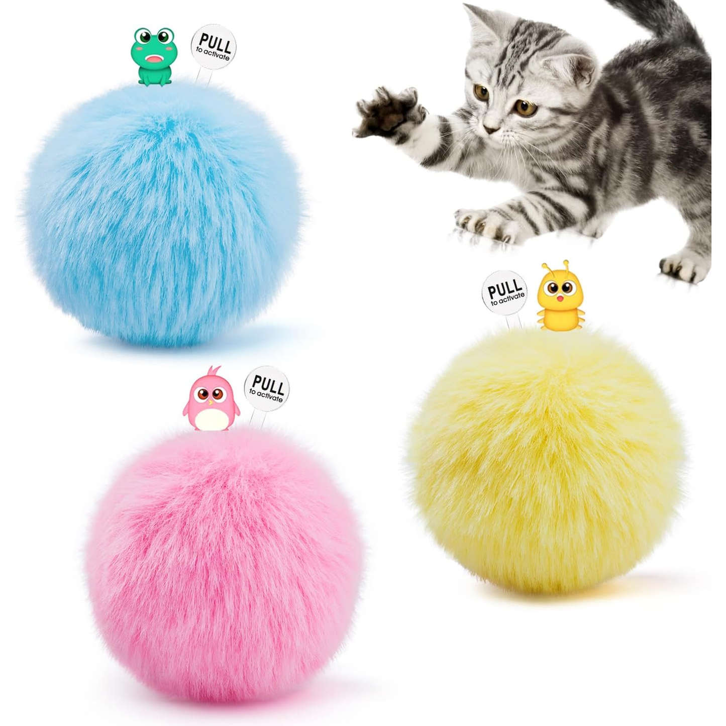 Chirping Cat Toy Balls with Silvervine Catnip, 3 Pack Fluffy Interactive Cat Kickers, 3 Lifelike Animal Sounds, Catnip Exercise Toys