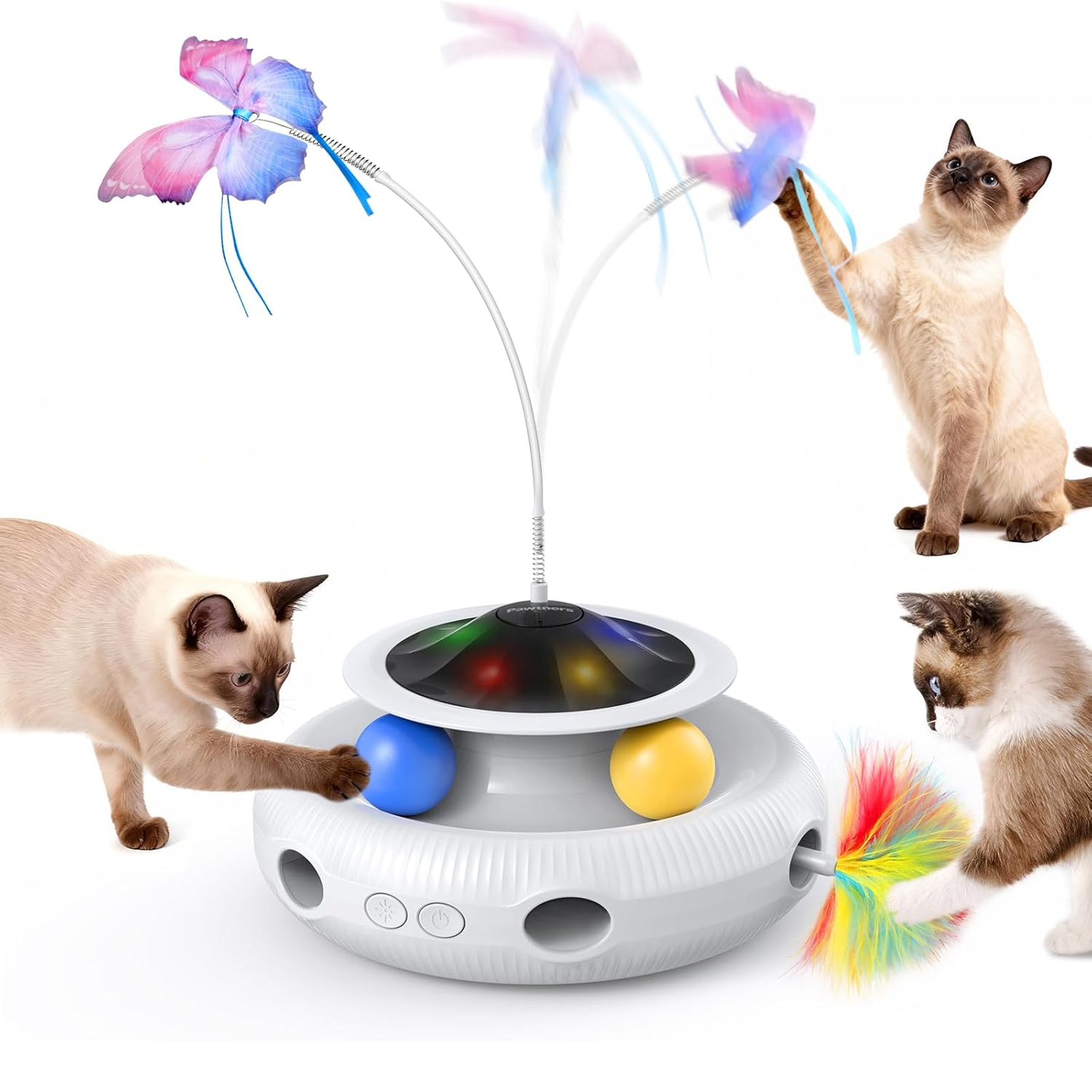 Interactive Cat Toy, 4 in 1 Automatic Interactive Kitten Toys for Indoor Cats Rechargeable with Fluttering Butterfly, Track Balls and Ambush Feather
