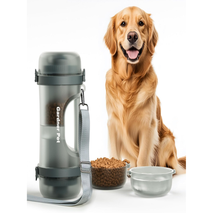 Portable Dog Water Bottle & Food Container (49.6Oz) – Leakproof Travel Water Bottle for Medium/Large Dogs (30+ Lbs) - 2 Collapsible Bowls & Shoulder Strap (Grey)