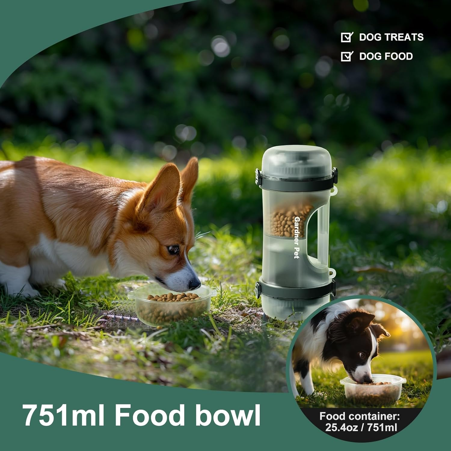 Portable Dog Water Bottle & Food Container (49.6Oz) – Leakproof Travel Water Bottle for Medium/Large Dogs (30+ Lbs) - 2 Collapsible Bowls & Shoulder Strap (Grey)