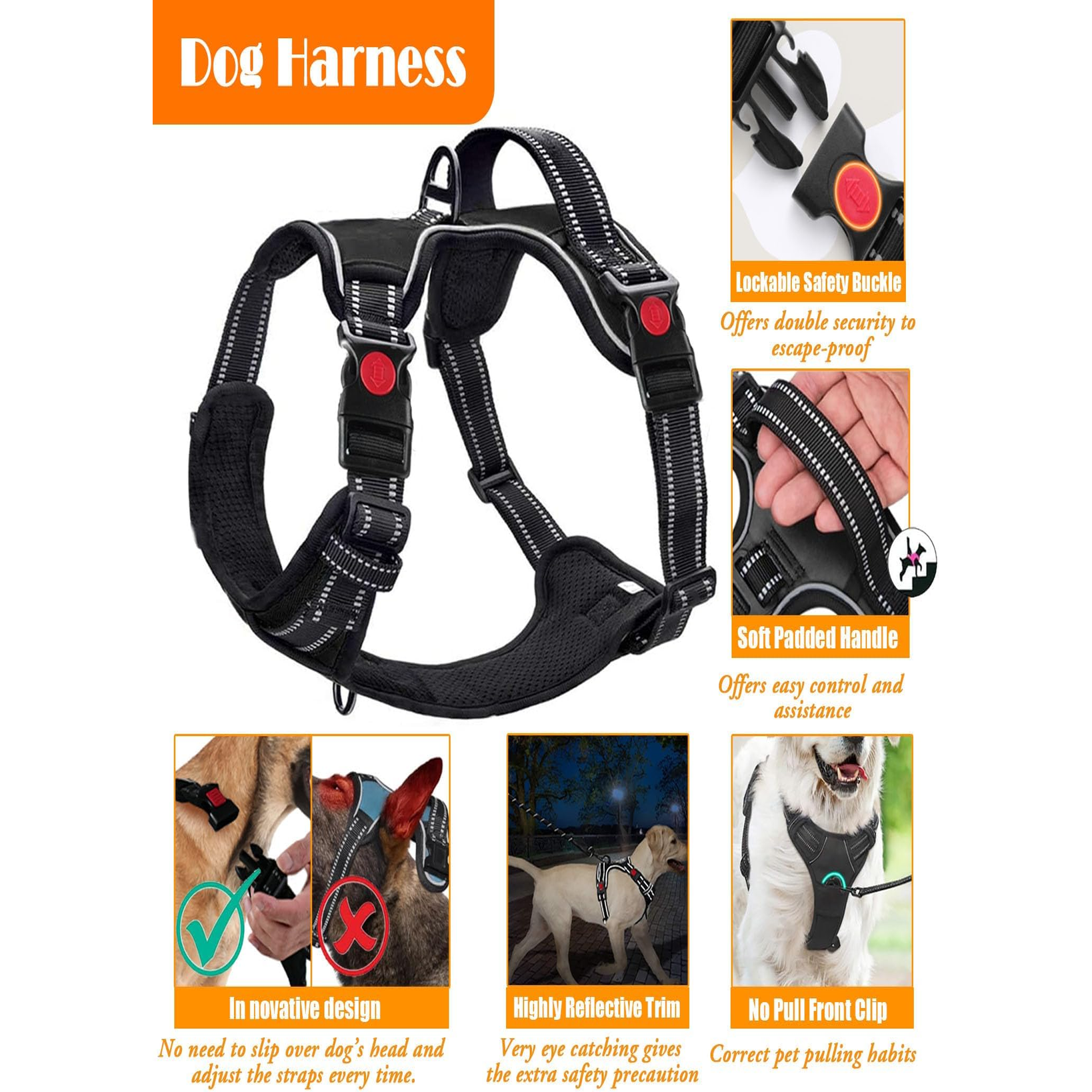 No Pull Dog Harness, Collar & Leash Set | Includes Dog Seat Belt, Collapsible Bowls & Poop Bag Dispenser, Fits Small to Large Dogs(Black-XL)