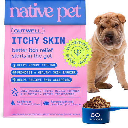 Gutwell Itchy Skin - Dog Itching Skin Relief & Seasonal Allergy Itch Relief for Dogs - Promotes Skin Hydration, Elasticity & Healthy Barrier with Triple-Biotic Blend, Zinc, & Vitamin E - 60 Scoops