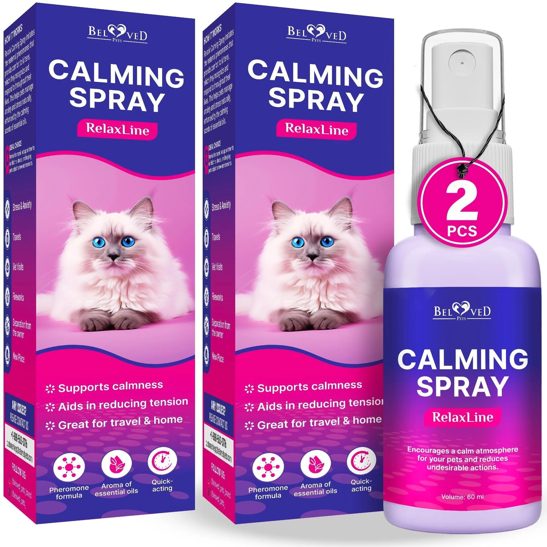 Calming Pheromone Spray Scratch Repellent for Cats 100 Ml 2 Pack Reduces Scratching Furniture, Helps with Travel, Fireworks, Thunder 