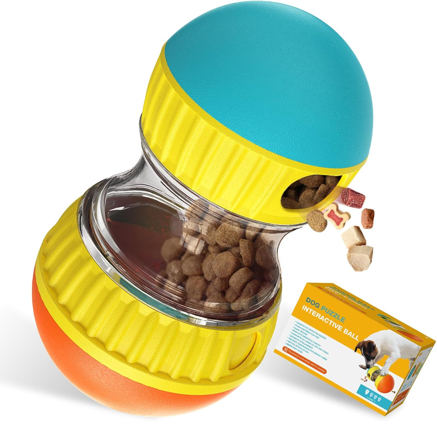 Dog Treat Dispensing Puzzle Toy Adjustable Food Dispenser Slow Feeder Puppy Enrichment Rolling Ball Pet Interactive Chase Toys Stimulating Game for Small Medium Dogs Gift to Keep Them Busy