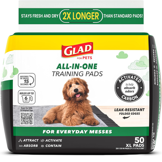 Glad for Pets JUMBOSIZE/XL Charcoal Puppy Pads, Allinone Black Training Pads That ABSORB & Neutralize Urine Instantly New & Improved Quality, 50 Count 