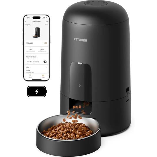 Automatic Cat Feeder & Dog Food Dispenser, Wi-Fi Timed, 2L Capacity, Rechargeable Battery (30-Day Life), Black