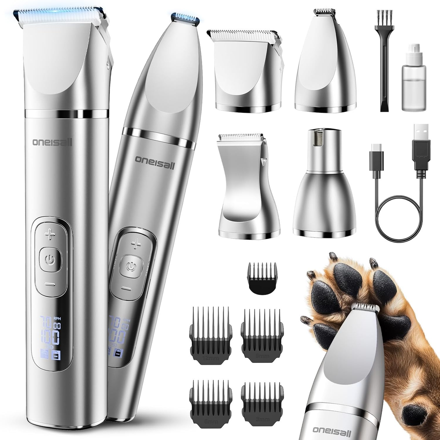 4 in 1 Dog Grooming Kit with LCD Display, Dog Hair Trimmer for Paw Nail Grinder, Rechargeable Cordless Low Noise Waterproof Pet Clippers