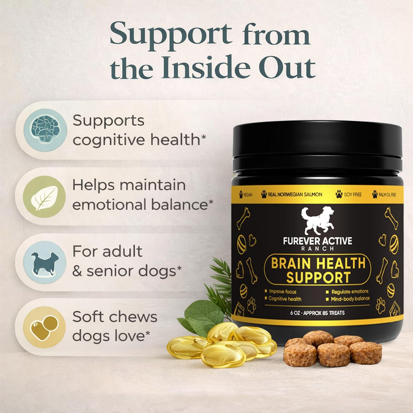 Furever Active Pet Neuro Chewing, Formulated with Carrots, Beets, Apples, Celery, Lemon | Supports Brain & Cognitive Health | Soft Chews for Adult & Senior Dogs, 60 Chews