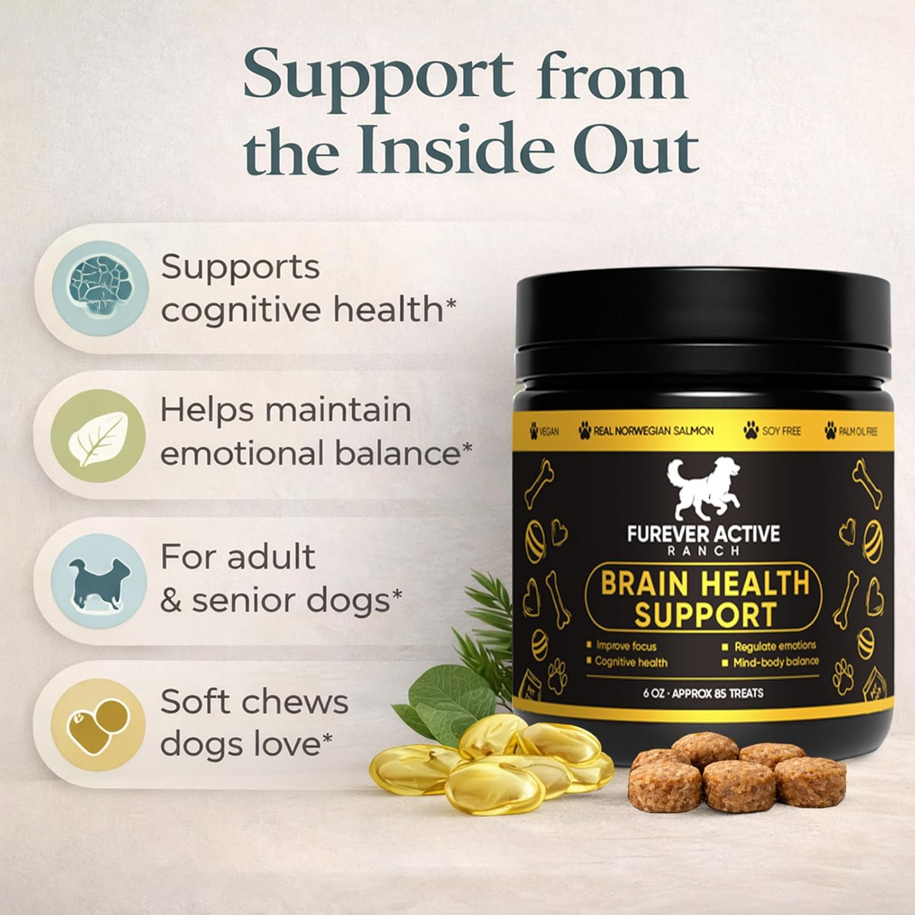 Furever Active Pet Neuro Chewing, Formulated with Carrots, Beets, Apples, Celery, Lemon | Supports Brain & Cognitive Health | Soft Chews for Adult & Senior Dogs, 60 Chews