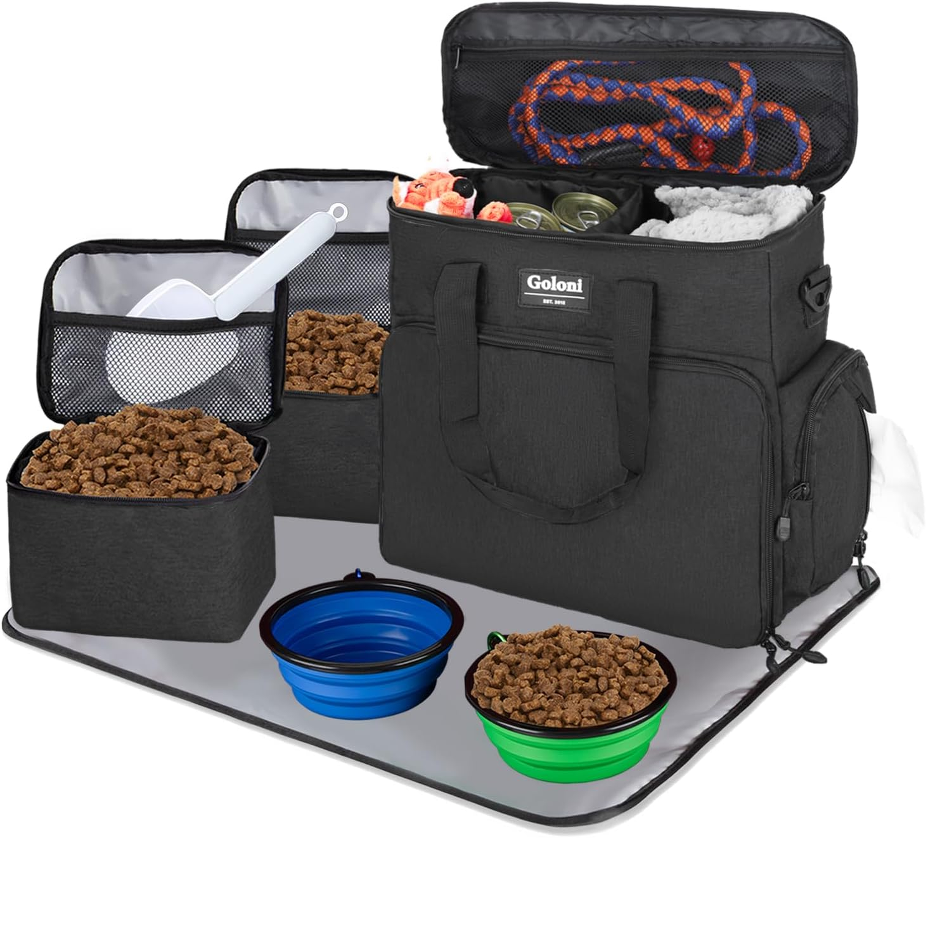 Dog Travel Bag Airline Approved–Pet Travel Tote with Collapsible Bowls,Food Containers & Feeding Mat–Multi-Pocket Organizer for Dogs & Cats, Durable & Water-Resistant for Hiking,Trips,Outdoors