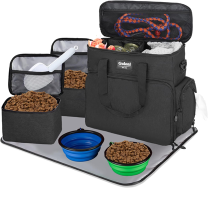 Dog Travel Bag Airline Approved–Pet Travel Tote with Collapsible Bowls,Food Containers & Feeding Mat–Multi-Pocket Organizer for Dogs & Cats, Durable & Water-Resistant for Hiking,Trips,Outdoors