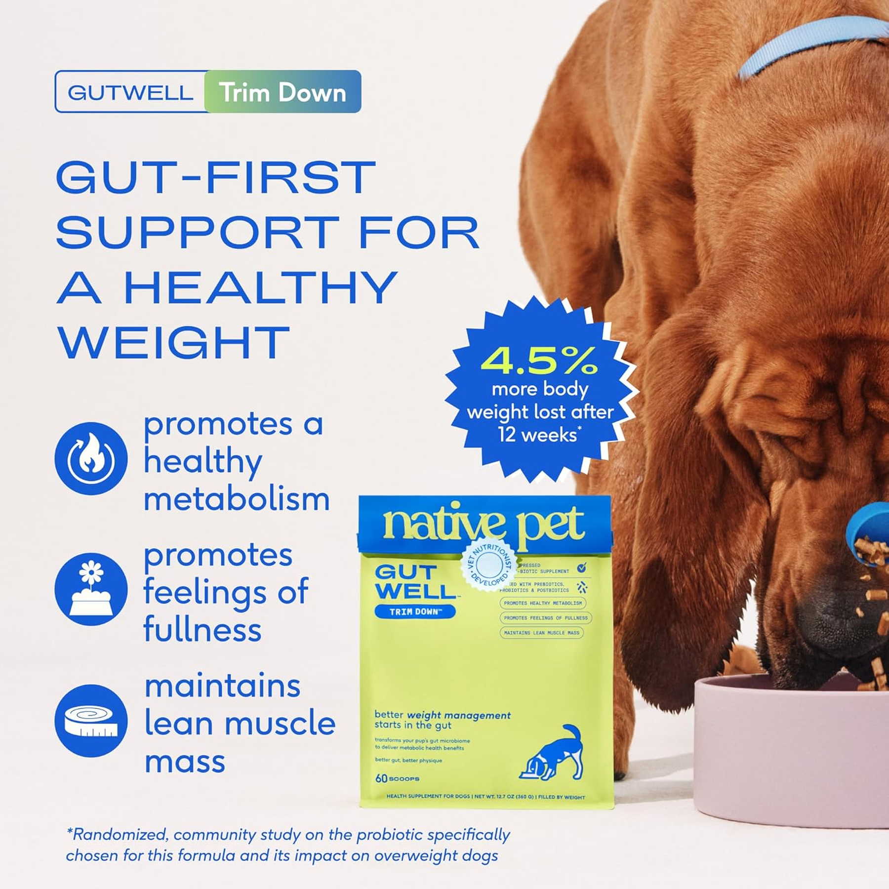 Gutwell Trim down - Weight Management Dog Food Topper - Dog Weight Loss Supplement Promotes Feeling of Fullness, Healthy Metabolism & Lean Muscle with Triple-Biotic Blend & L-Carnitine - 60 Scoops