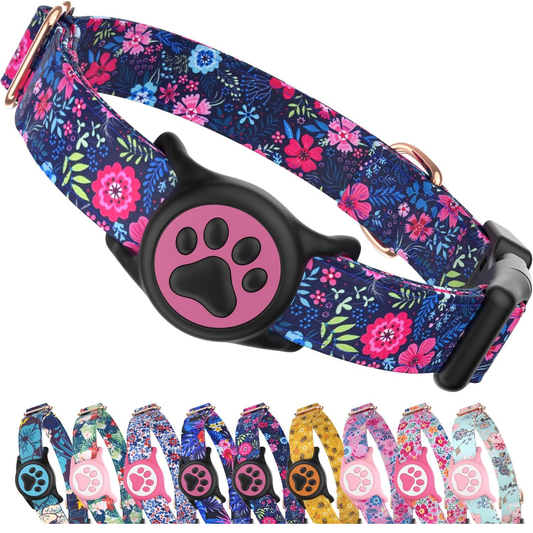 Airtag Dog Collar,With Waterproof Airtag Holder，Original Stylish Cute Pattern Design.Qr Code ID Buckle，Comfortable Soft Cotton for Small Medium Large Dogs