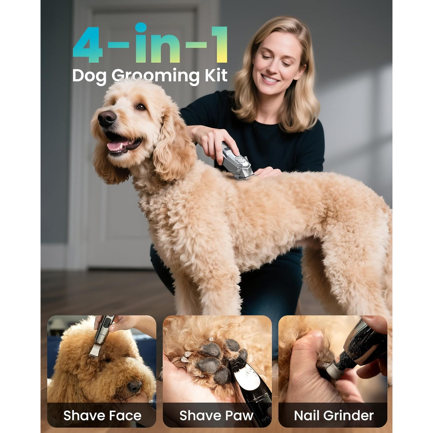 Dog Clippers for Grooming Thick/Heavy Coats, 4-In-1 Dog Grooming Kit Low Noise with Stainless Steel Blade, Cordless Dogs Paw Trimmer Pet Nail Grinder for Small & Large Dogs Cats 