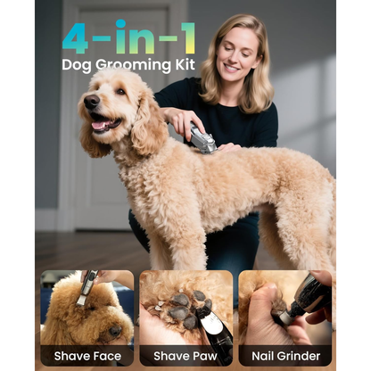 Dog Clippers for Grooming Thick/Heavy Coats, 4-In-1 Dog Grooming Kit Low Noise with Stainless Steel Blade, Cordless Dogs Paw Trimmer Pet Nail Grinder for Small & Large Dogs Cats 