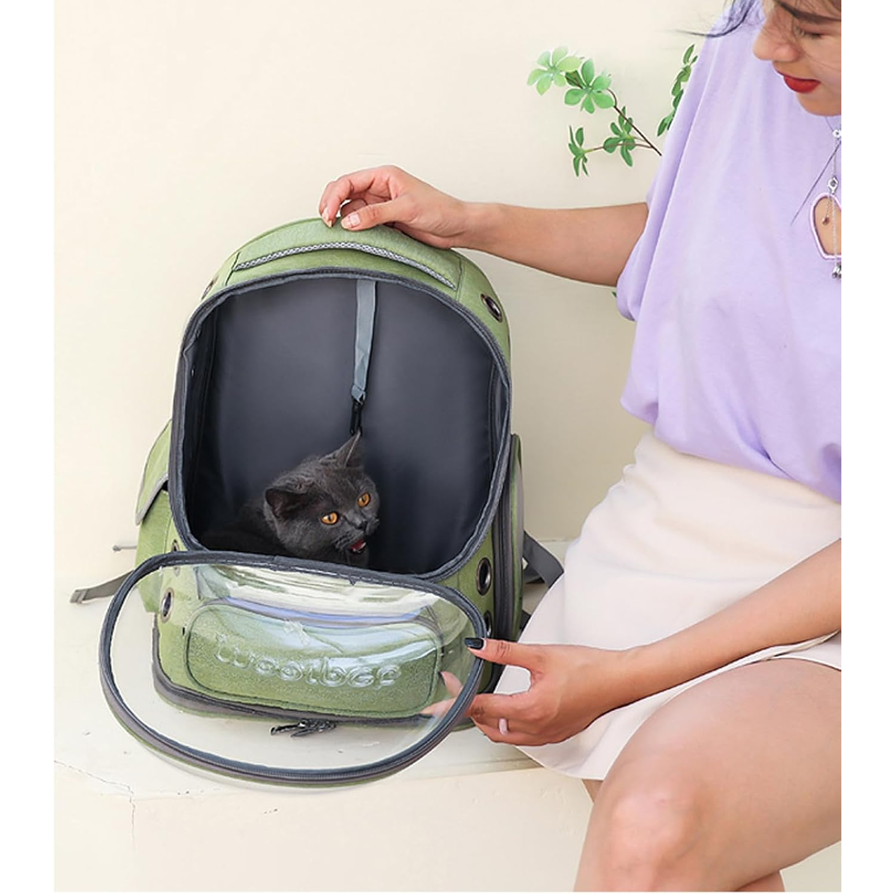 Cat Bubble Backpack, Breathable Cat Backpack Carrier Large Space Pet Travel Carrier for Kitty Small Dogs up to 15Lbs(Green)
