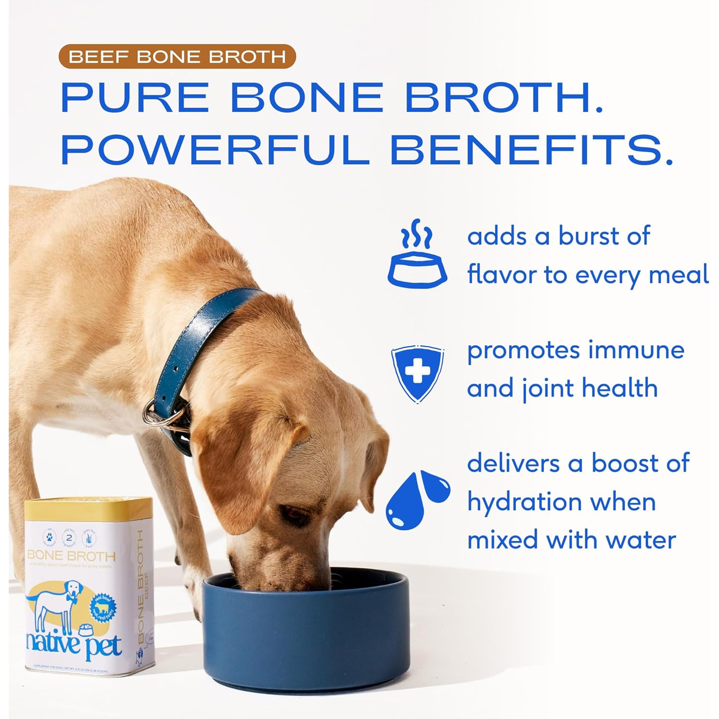 Native Pet Bone Broth for Dogs - Made with Real Beef Bone Broth, Dog Food Toppers for Picky Eaters - Provides Extra Hydration & Nutrition for Joint Strength, Immunity & Heart Health-48 Scoops
