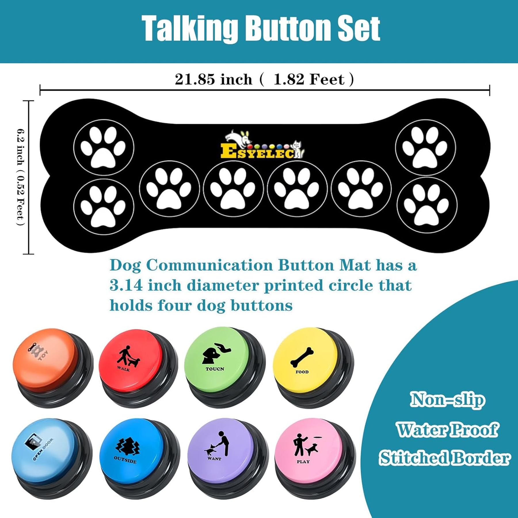 Dog Buttons for Communication Starter Pack 8 Dog Talking Button Set, 30S Voice Recording Speaking Button Pet Speech Training Buzzers with 30 Scene Stickers and Dog Button Mat for Animal Training
