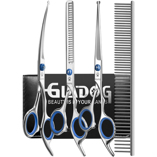 Professional 5 in 1 Grooming Scissors Set with Safety round Tips, Sharp and Heavy-Duty Pet Grooming Shears