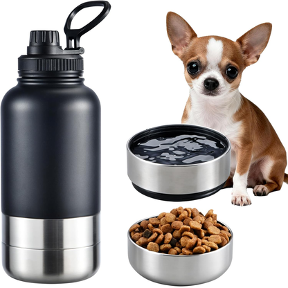 Insulated Dog Water Bottle with 2 Bowls, 32Oz Travel Stainless Steel Double Wall Thermos, Portable Food and Water Dispenser
