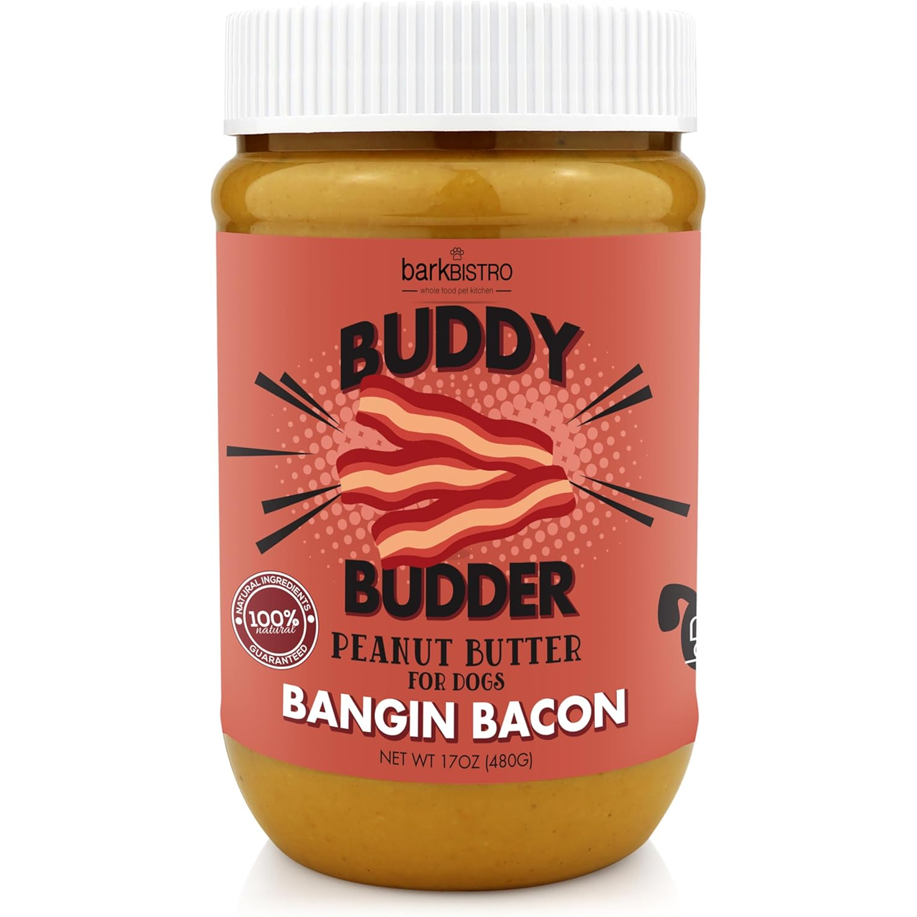 BUDDY BUDDER Bangin Bacon Peanut Butter, 100% Natural, 17Oz, Dog Treat, Pill Pocket, Made in USA