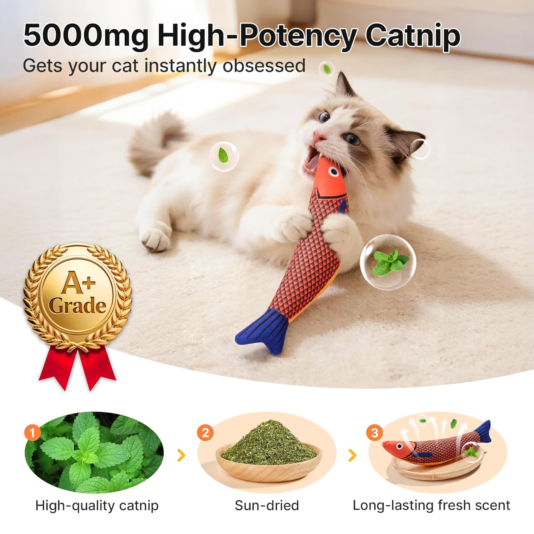 Fish Cat Kicker Toys, 3 Pack, Catnip Crinkle Sound, Soft and Durable, Interactive Kitten Kicker for Indoor Exercise 9.4 Inches 