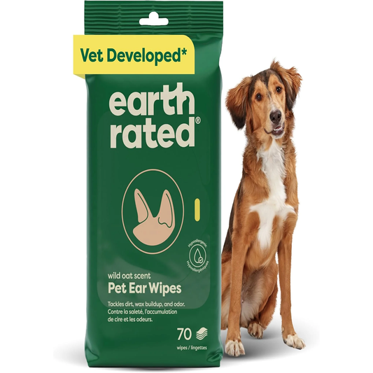 Vet-Developed Pet Ear Wipes, Hypoallergenic Cleaner for Dogs & Cats Ears to Remove Dirt and Wax Build Up, Wild Oat Scent, 70 Count