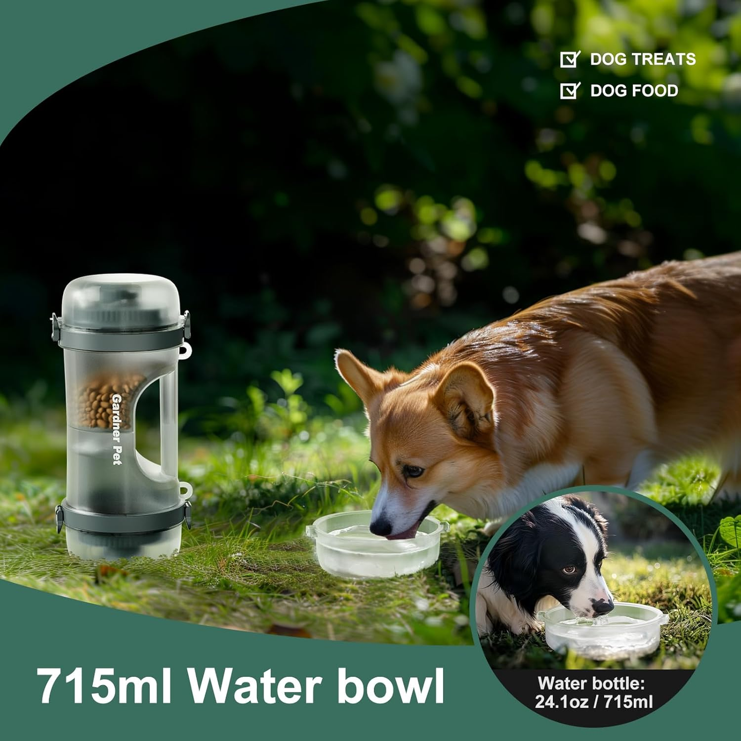 Portable Dog Water Bottle & Food Container (49.6Oz) – Leakproof Travel Water Bottle for Medium/Large Dogs (30+ Lbs) - 2 Collapsible Bowls & Shoulder Strap (Grey)