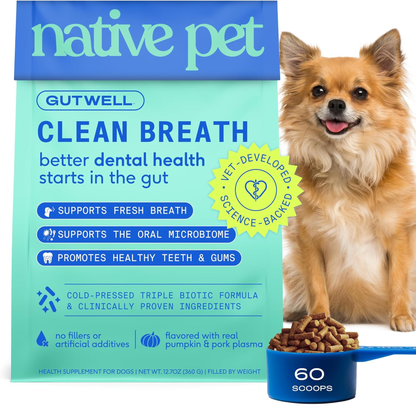 Native Pet Gutwell Clean Breath - Dog Breath Freshener & Dog Dental Powder - Teeth Cleaning to Reduce Plaque & Tartar - Promotes Fresh Breath with Targeted Triple-Biotic Dental Care Blend - 60 Scoops