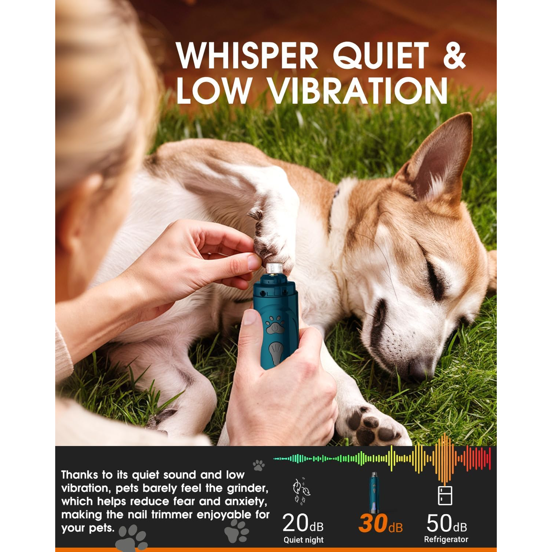Dog Nail Trimmers and Dog Nail Clippers Kit, Whisper Quiet Electric Grinder with Light, for Small, Medium, Large Dogs, Cats Toenail Grooming, 3 Speeds