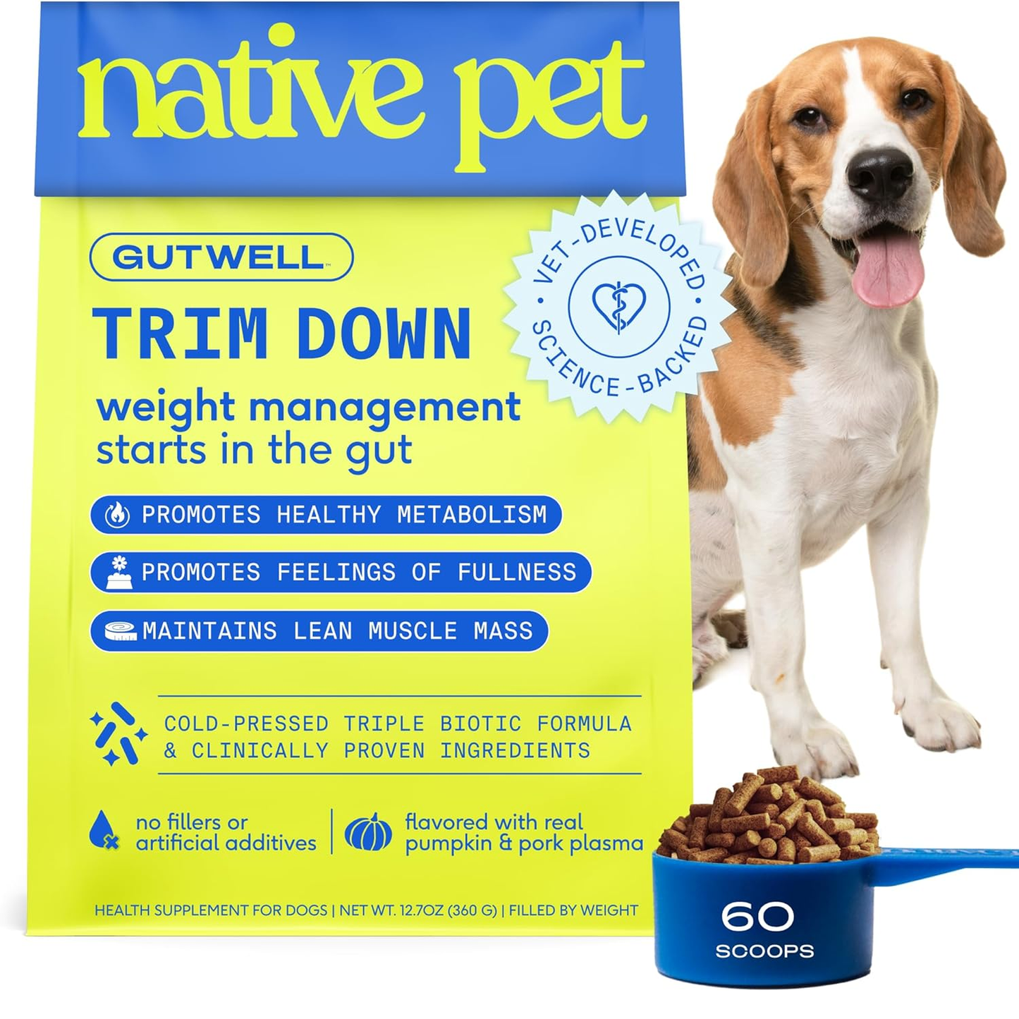 Gutwell Trim down - Weight Management Dog Food Topper - Dog Weight Loss Supplement Promotes Feeling of Fullness, Healthy Metabolism & Lean Muscle with Triple-Biotic Blend & L-Carnitine - 60 Scoops