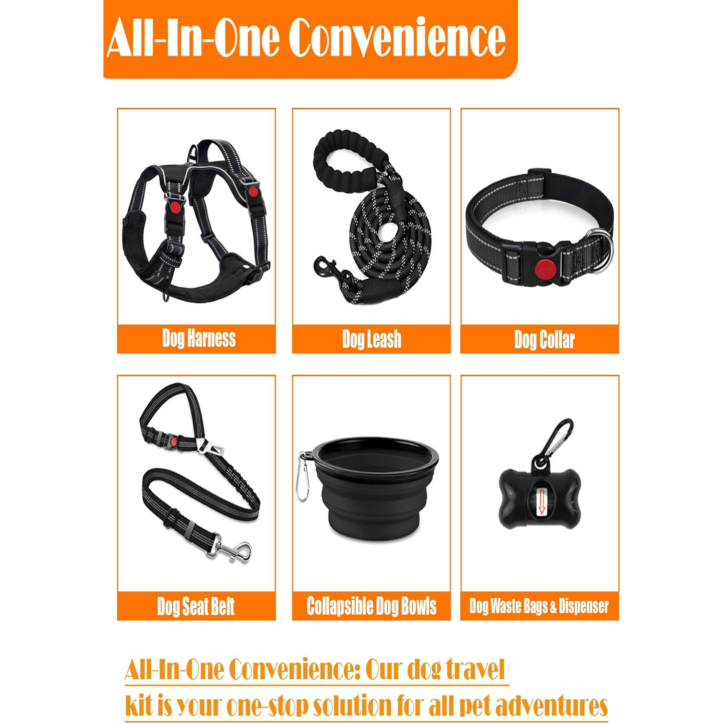 No Pull Dog Harness, Collar & Leash Set | Includes Dog Seat Belt, Collapsible Bowls & Poop Bag Dispenser, Fits Small to Large Dogs(Black-XL)