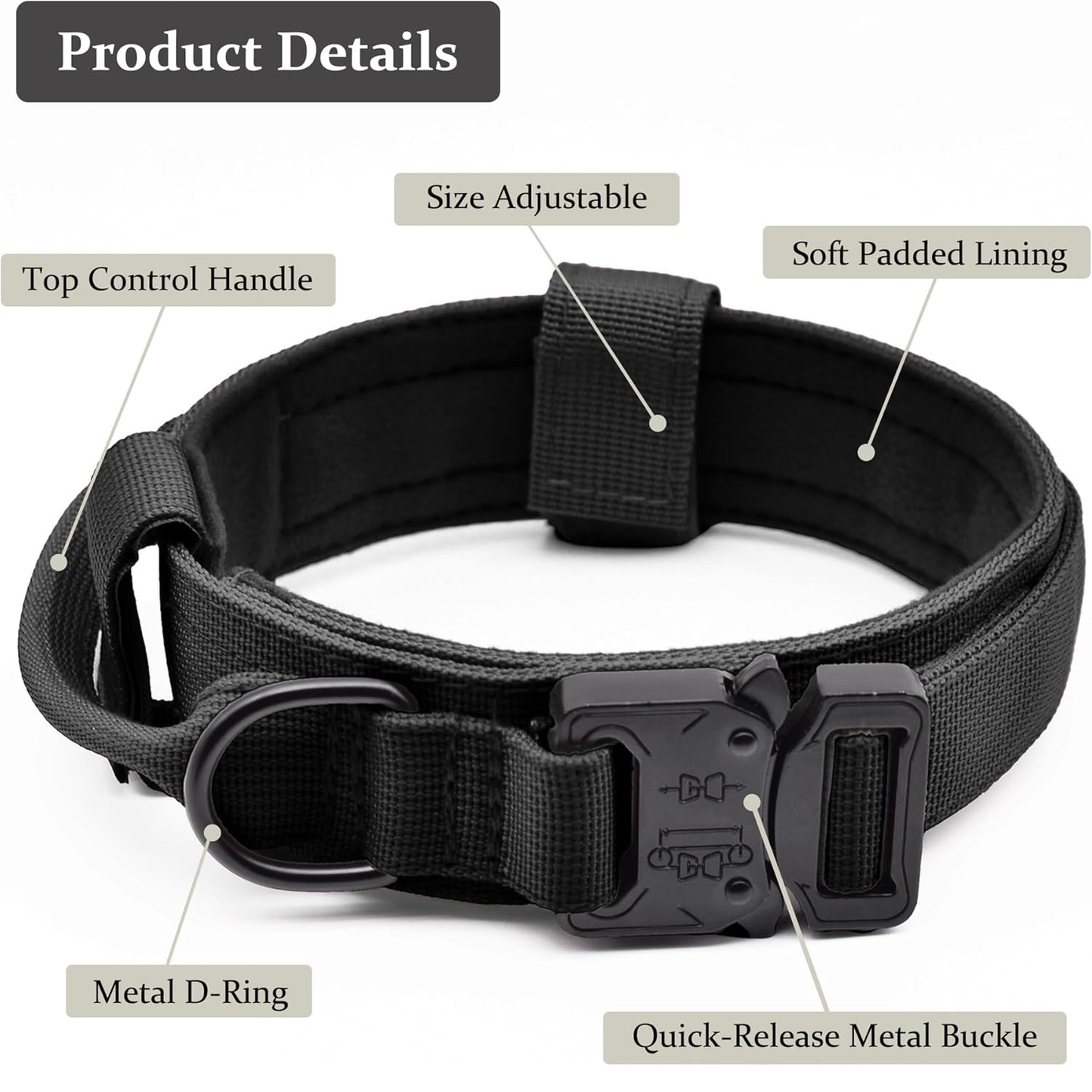 Tactical Dog Collar, Adjustable Military Training Nylon Dog Collar with Control Handle and Heavy Quick-Release Metal Buckle for Small Medium Large Dogs, Black M