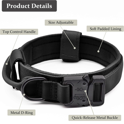 Tactical Dog Collar, Adjustable Military Training Nylon Dog Collar with Control Handle and Heavy Quick-Release Metal Buckle for Small Medium Large Dogs, Black M