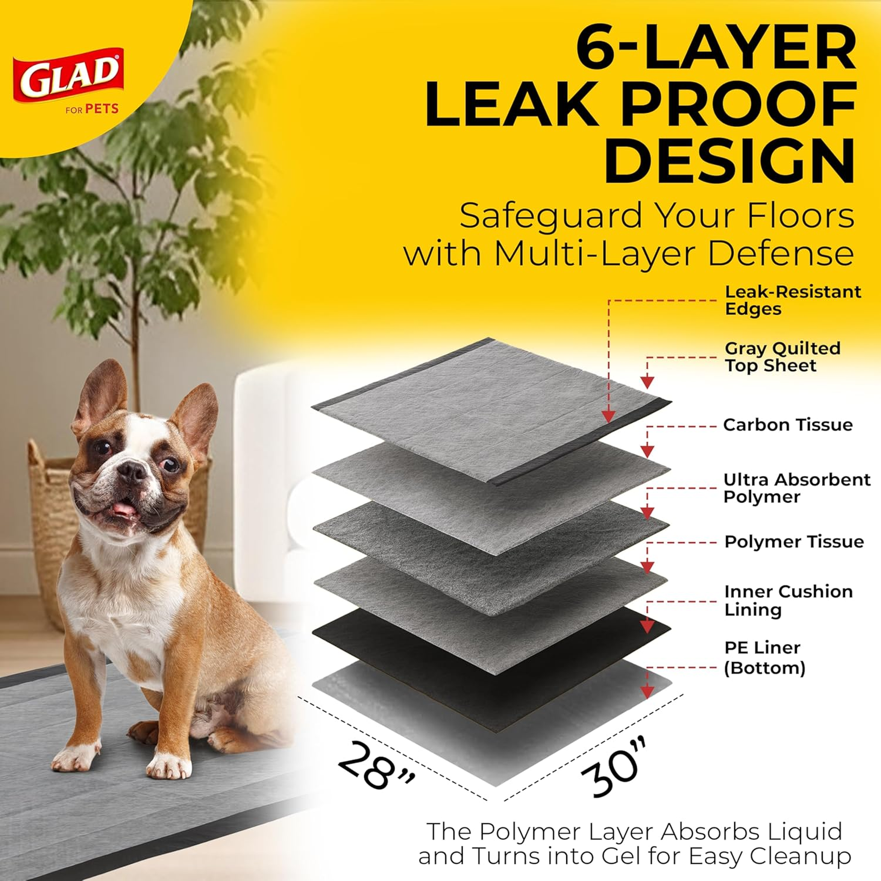 Glad for Pets JUMBOSIZE/XL Charcoal Puppy Pads, Allinone Black Training Pads That ABSORB & Neutralize Urine Instantly New & Improved Quality, 50 Count 