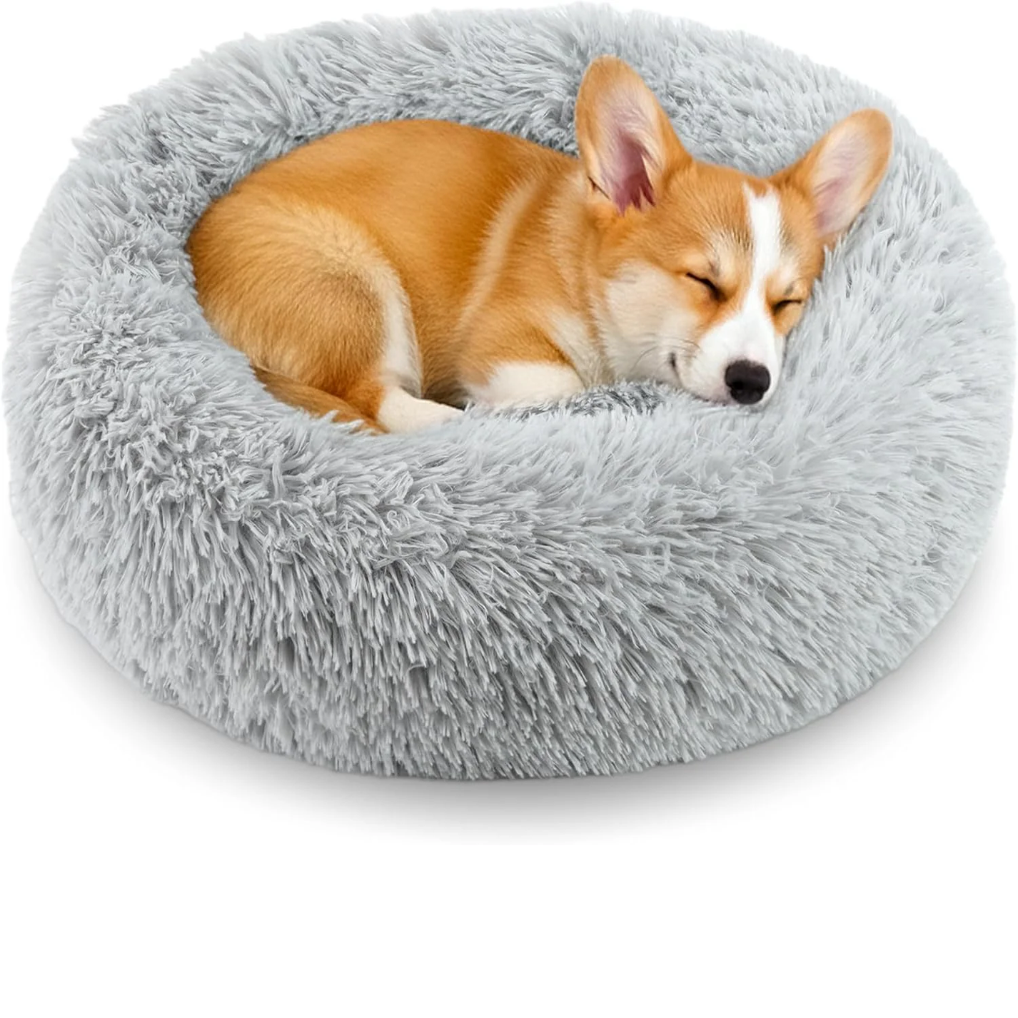 Calming Anti-Anxiety Donuts Dog and Cat Bed, round Fluffy Soft Washable Small Medium Pet Bed for Puppy and Kitten, Cuddler Warming Comfortable Cushion, Luxury Anti-Slip Waterproof Base 20In Gray