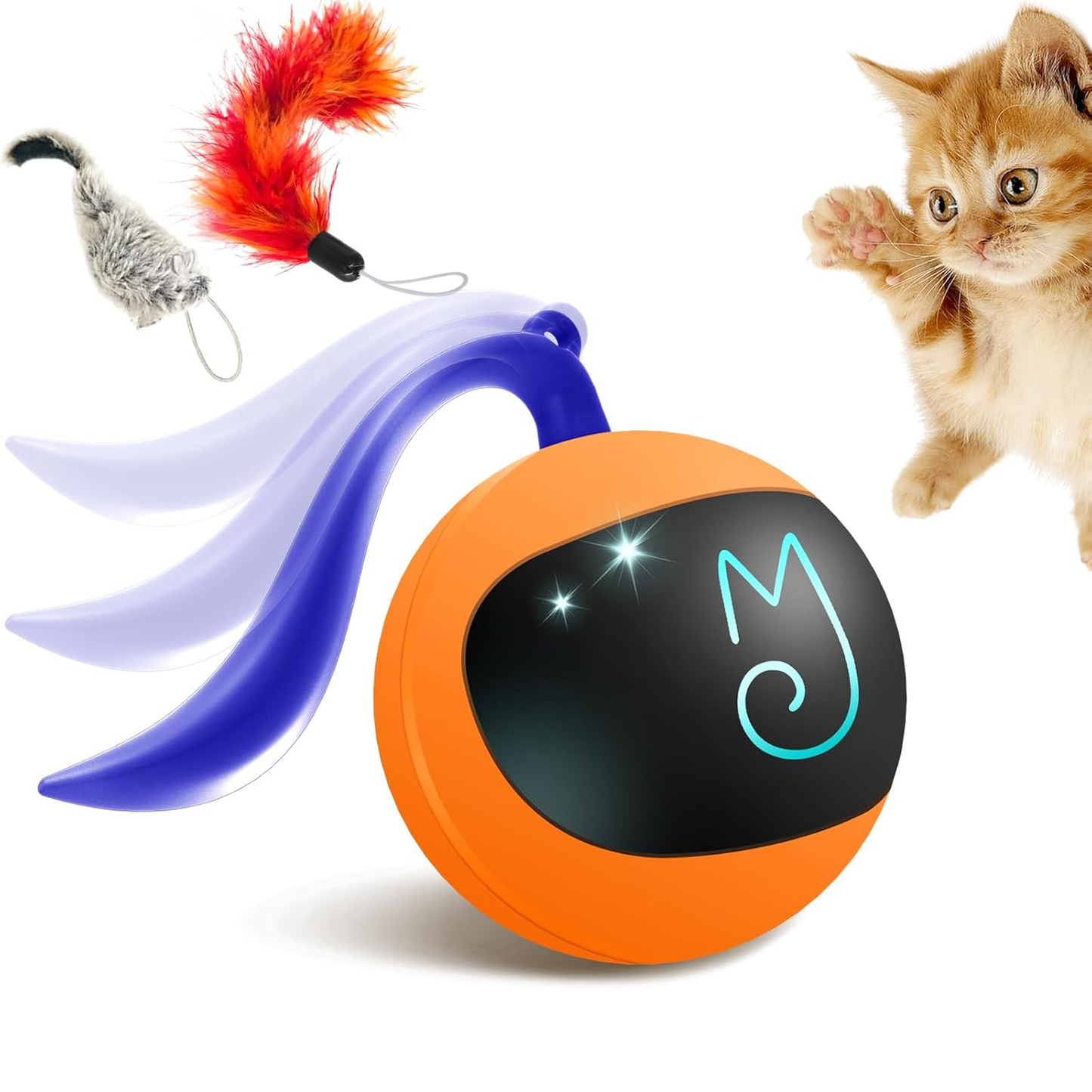 Interactive Cat Ball Toy Set, Fun Tracker, Automatic Rolling Chase Ball with Fluffy Tail, a Small Mice, Rechargeable 