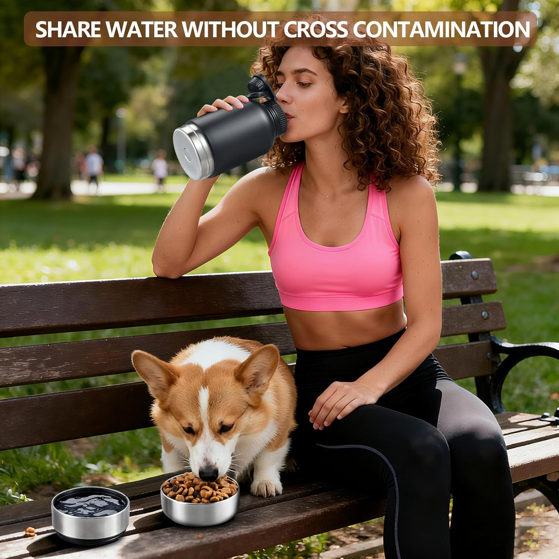 Insulated Dog Water Bottle with 2 Bowls, 32Oz Travel Stainless Steel Double Wall Thermos, Portable Food and Water Dispenser