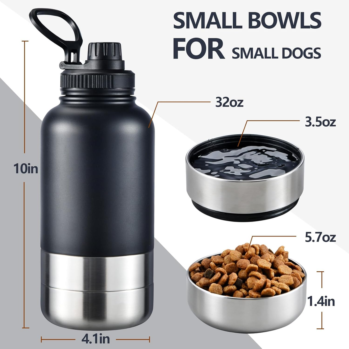 Insulated Dog Water Bottle with 2 Bowls, 32Oz Travel Stainless Steel Double Wall Thermos, Portable Food and Water Dispenser