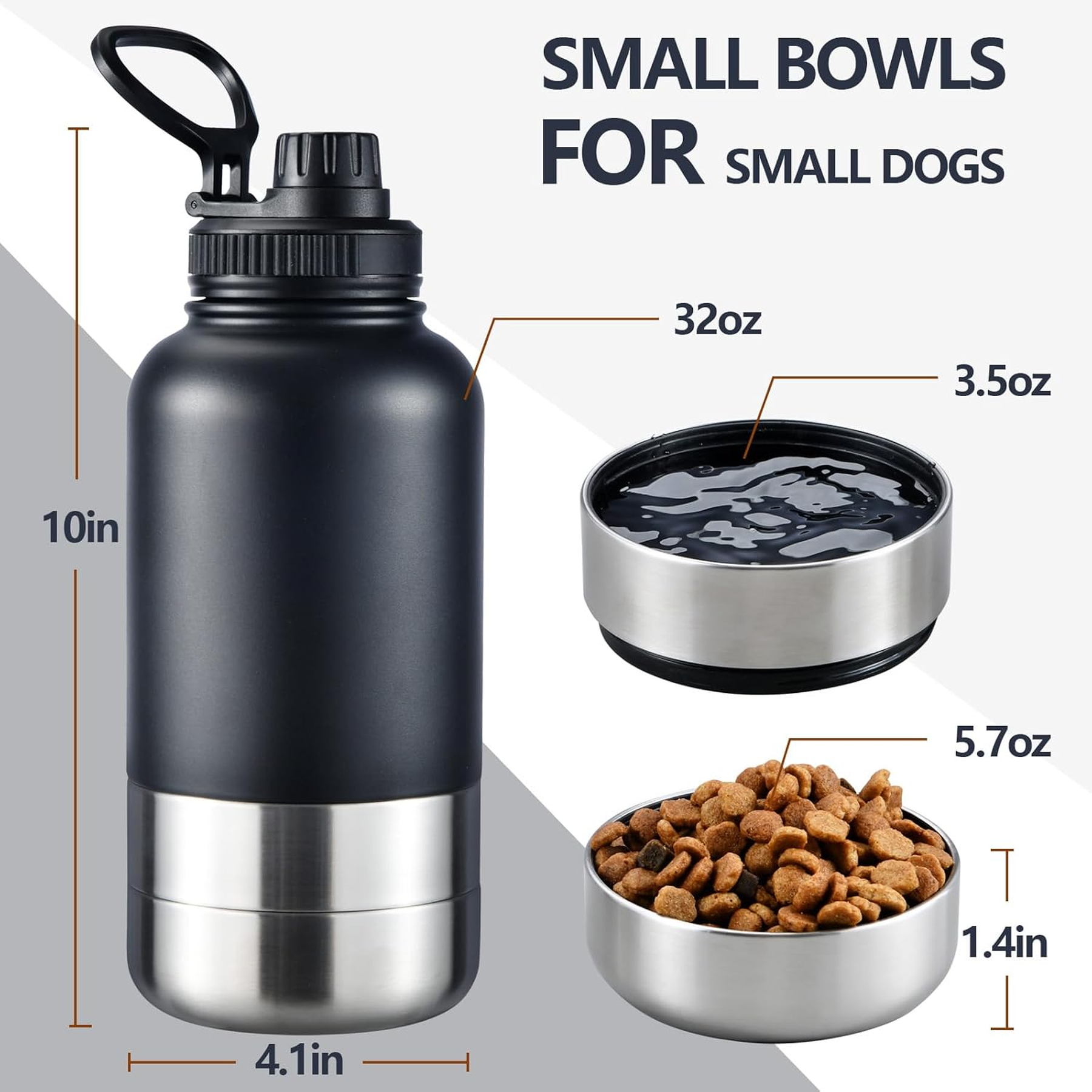 Insulated Dog Water Bottle with 2 Bowls, 32Oz Travel Stainless Steel Double Wall Thermos, Portable Food and Water Dispenser