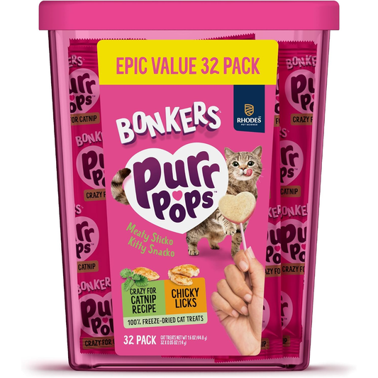 Bonkers Purrpops Freeze Dried Chicken & Catnip Flavor Lollipop Cat Treats, Healthy Single Ingredient Treats, Training Treats or Food Topper, for All Breeds and Ages, Value Pack (32 Pieces)