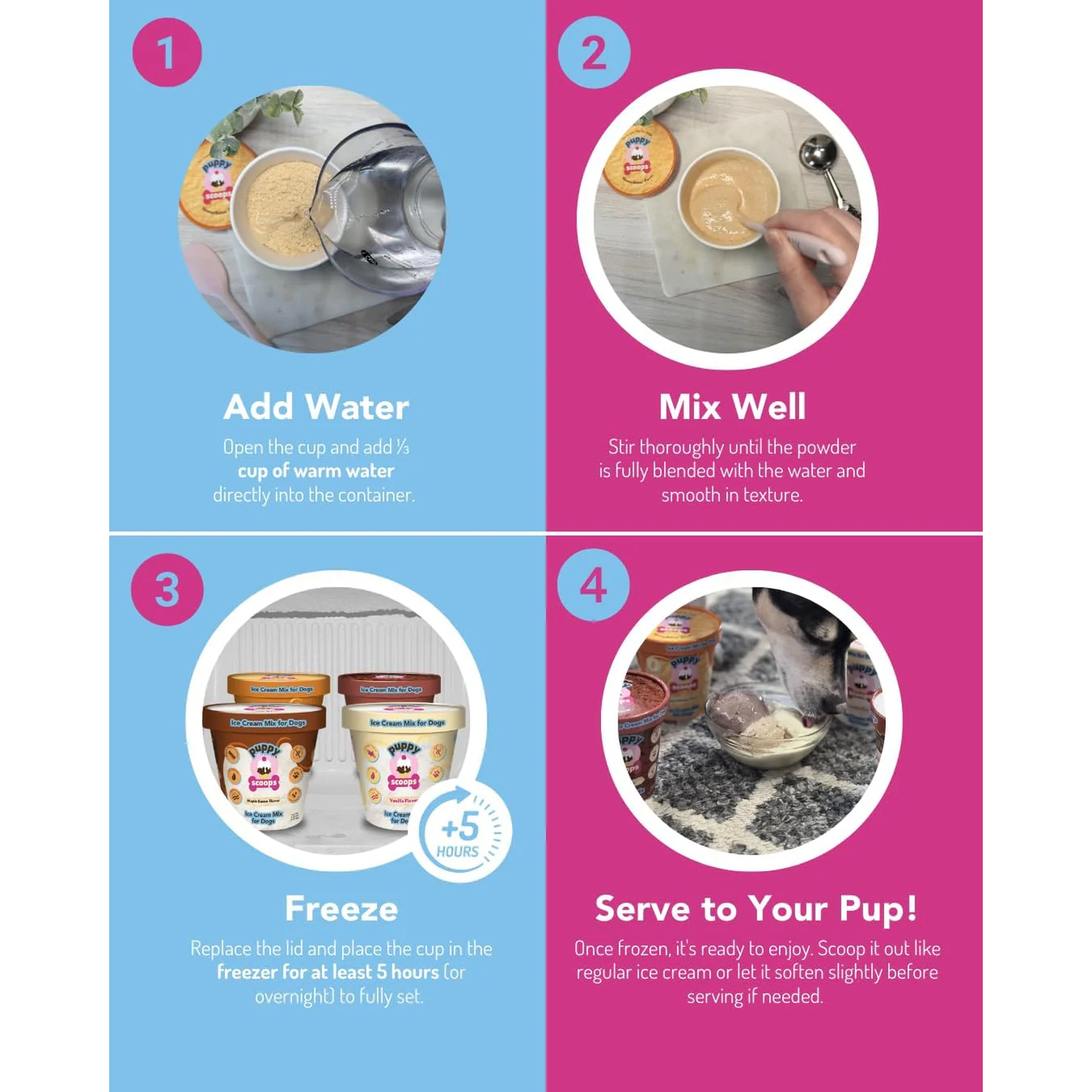 Puppy Scoops Dog Ice Cream Mix - Just Add Water and Freeze, Doggy Ice Cream Mix Packets, Gifts for Dogs, Variety 4 Pack Ice Cream Mix Made in USA