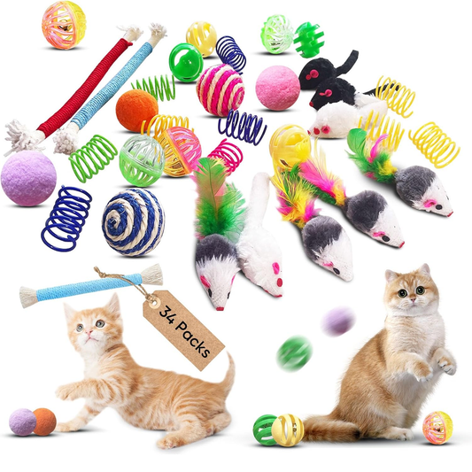 Cat Toys for Indoor Cats, 34 Packs Interactive Cat Toy Set with Colorful Springs Toys, Mouse Toy, Catnip Ropes, Balls, Bells, and Sisal Ball 