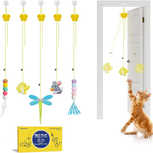 Interactive Cat Feather Toy 5 Pcs, Cat Teaser Retractable Hanging Indoor Kitten Play Chase Exercise, Mental Physical Stimulation for All Breeds and Species