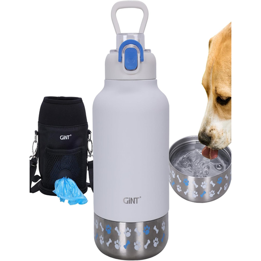 37Oz Insulated Stainless Steel Dog & Human Water Bottle, All-In-1 Travel Dispenser with Detachable Bowls & Carrying Case
