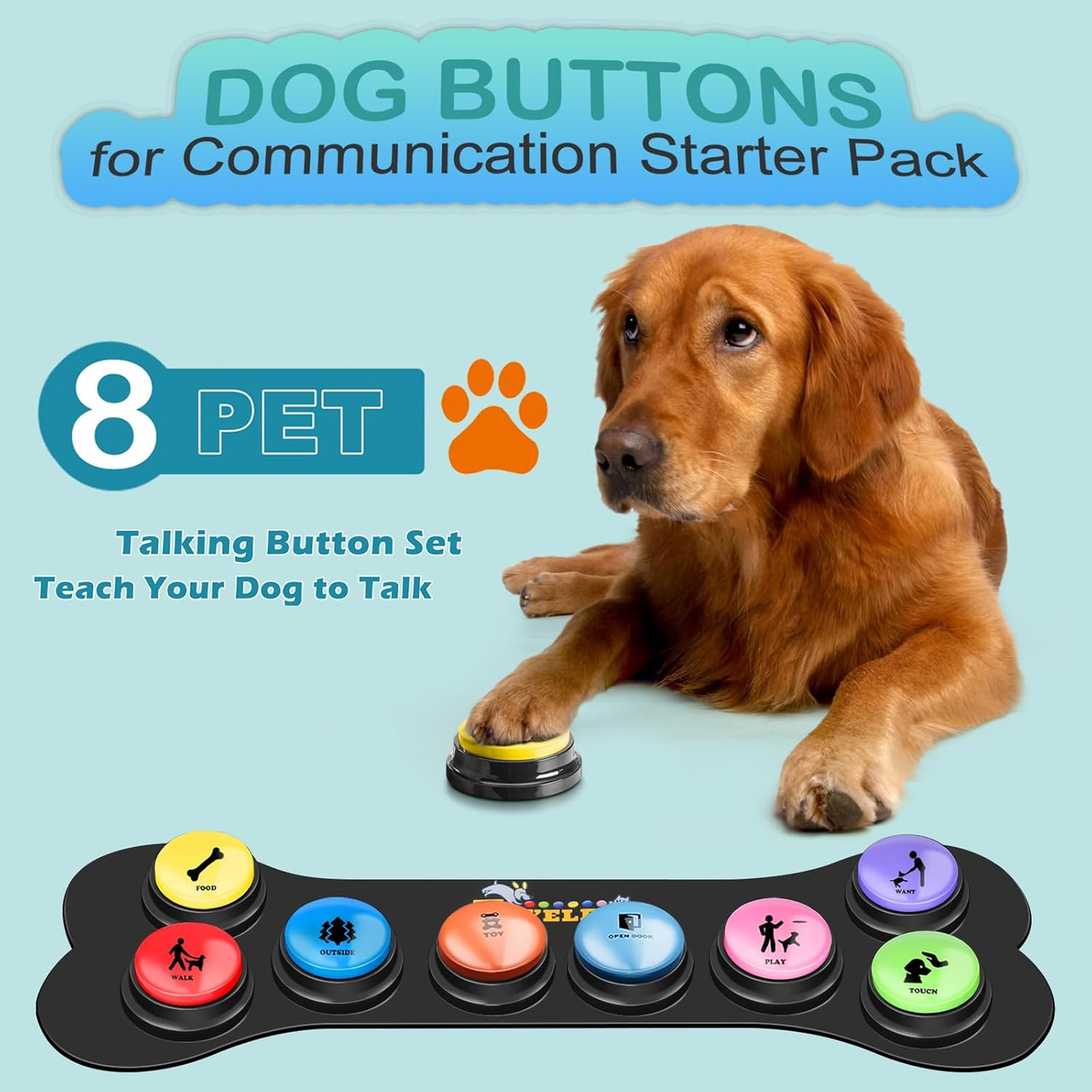 Dog Buttons for Communication Starter Pack 8 Dog Talking Button Set, 30S Voice Recording Speaking Button Pet Speech Training Buzzers with 30 Scene Stickers and Dog Button Mat for Animal Training