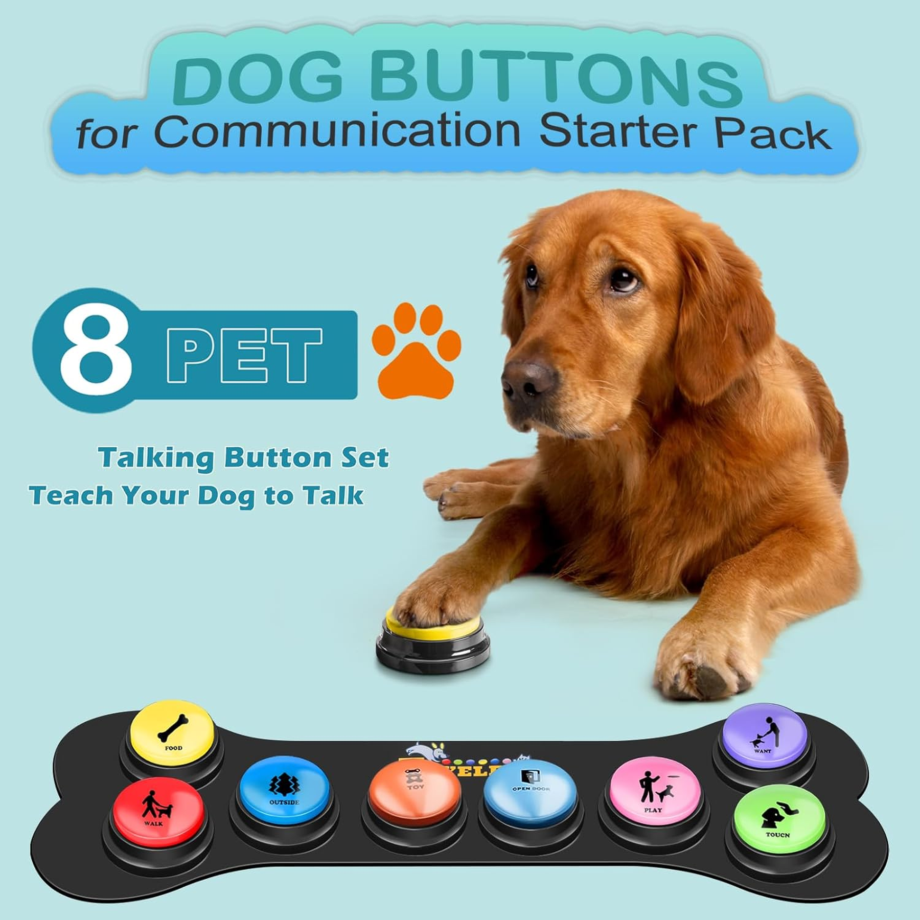Dog Buttons for Communication Starter Pack 8 Dog Talking Button Set, 30S Voice Recording Speaking Button Pet Speech Training Buzzers with 30 Scene Stickers and Dog Button Mat for Animal Training