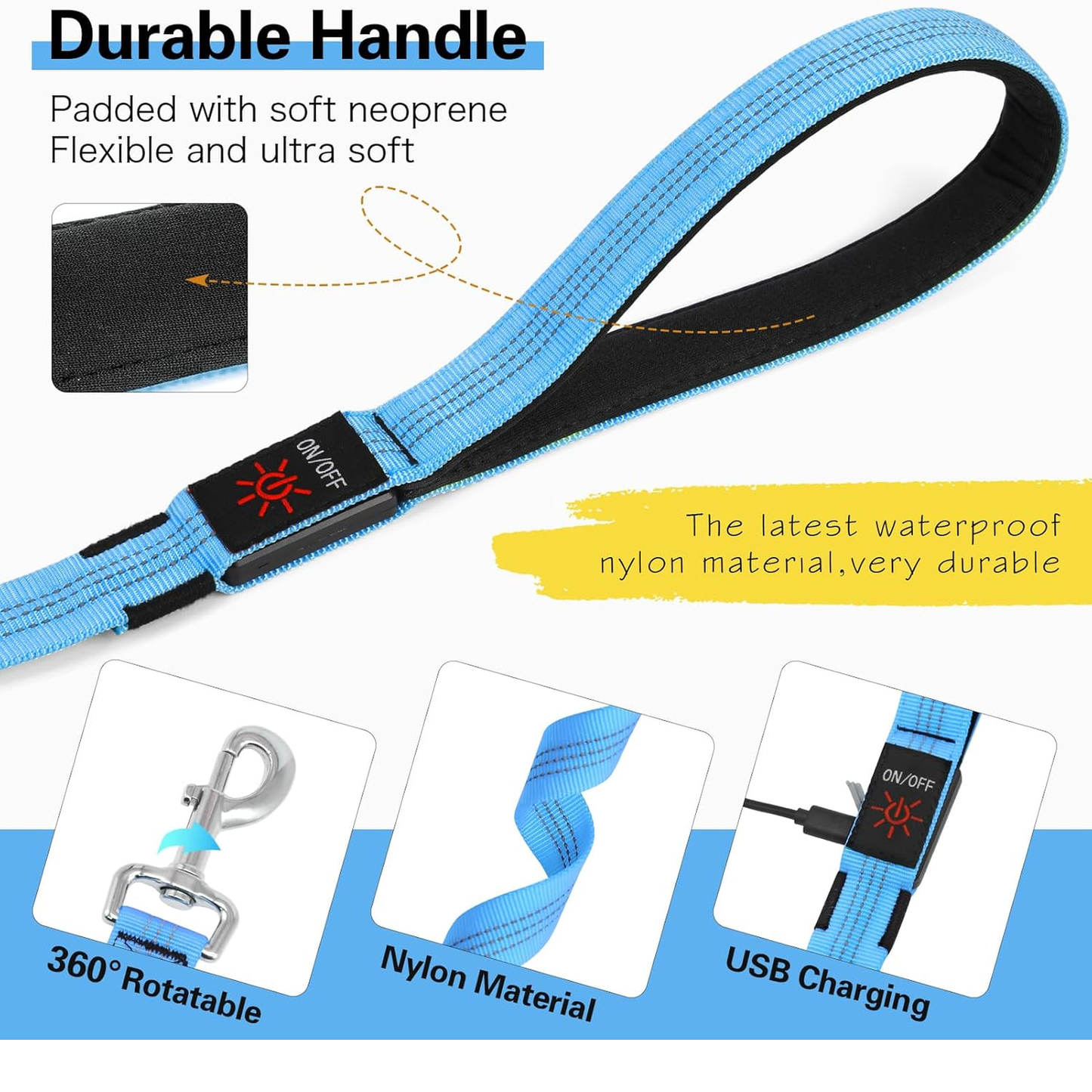 Light up Dog Leash - 5 Ft LED Pet Leash Rechargeable Glow in the Dark Dog Rope Safety Dog Lights for Night Walking 