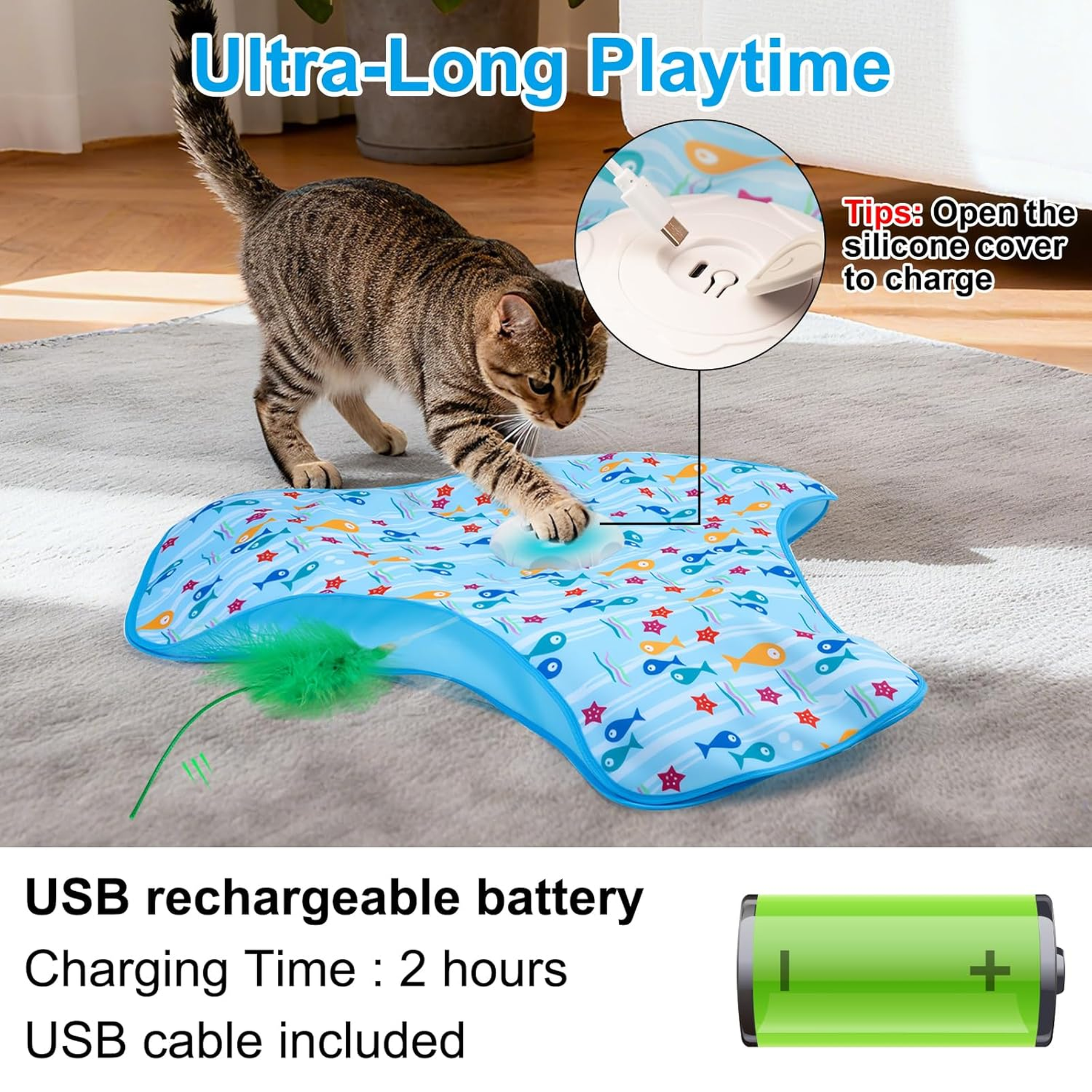 Interactive Cat Toys for Indoor Cats, Automatic Hide and Seek Motion-Activated Cat Toy with Moving Feather & Animal Chirps, USB Rechargeable Electric Cat Enrichment Toy for Bored Adult Cats & Kittens